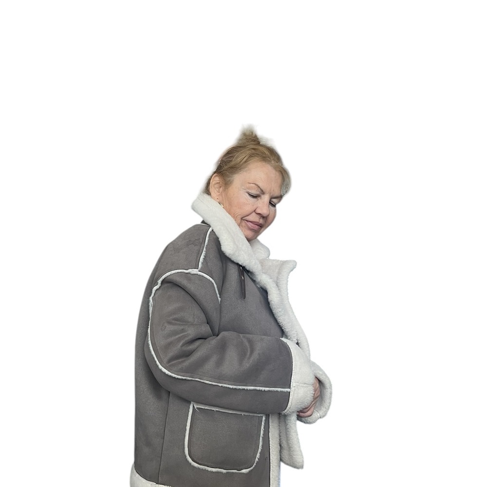 Gray and White Teddy Jacket with High Collar